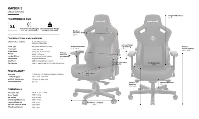 Премиум игровое кресло тканевое Anda Seat Kaiser 3 XL – Размеры