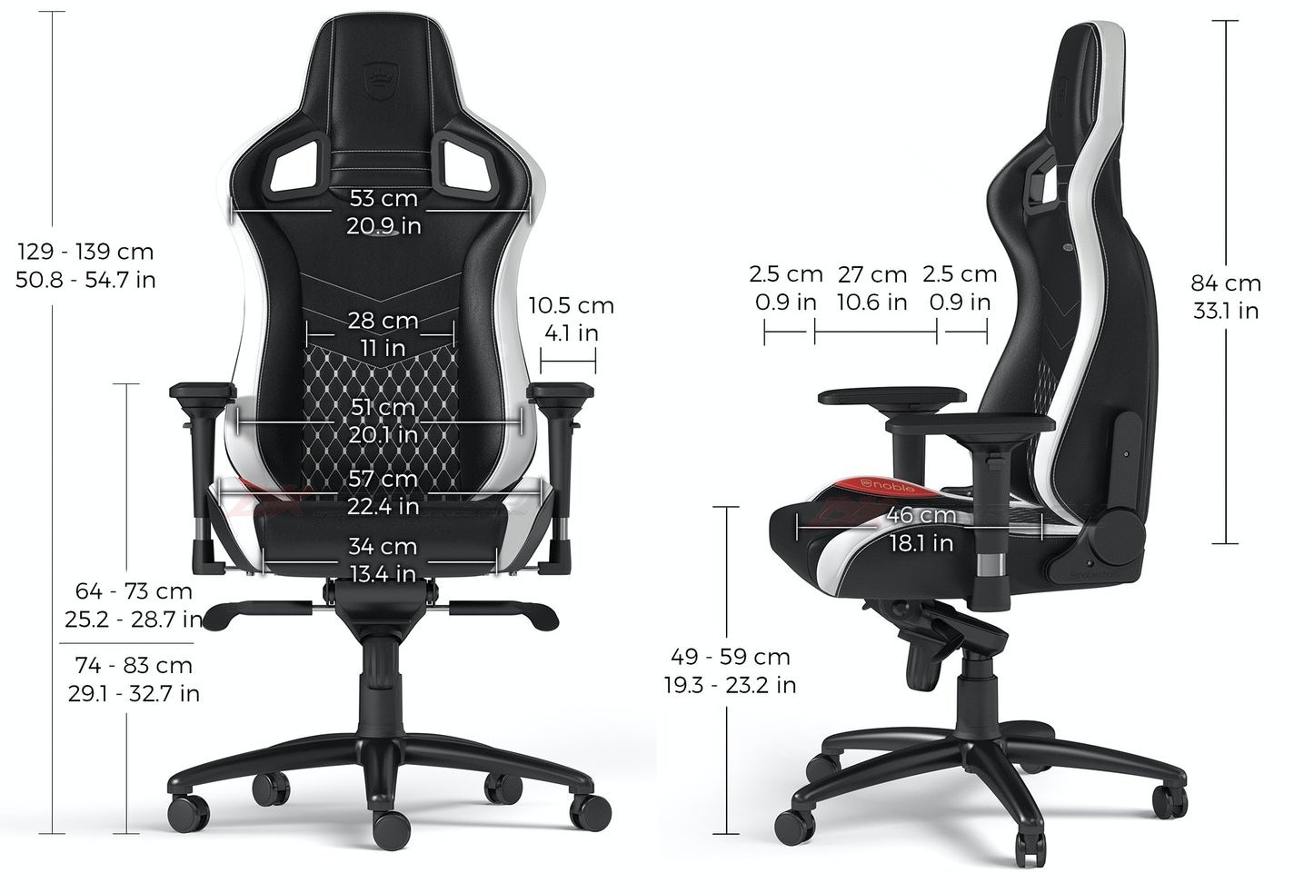 noblechairs EPIC Real leather Black/White/Red - Размеры