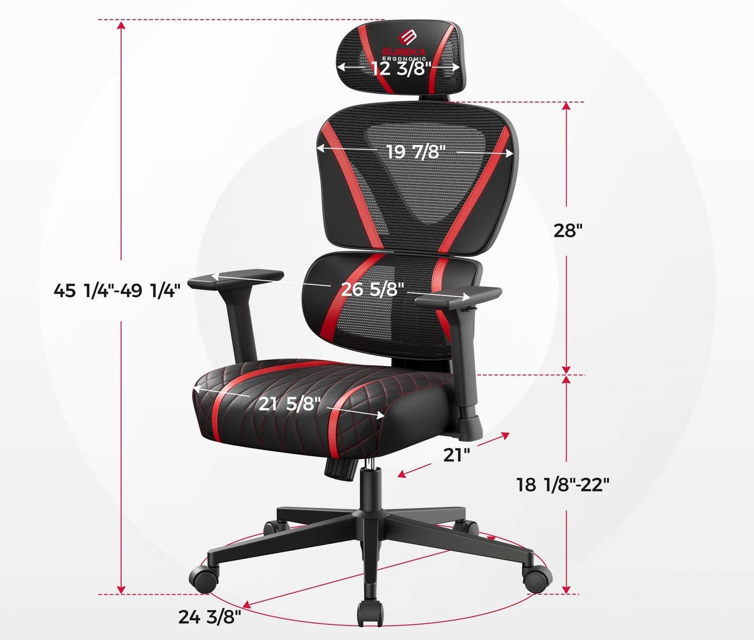 Эргономичное компьютерное кресло Eureka Norn, Красный - Размеры