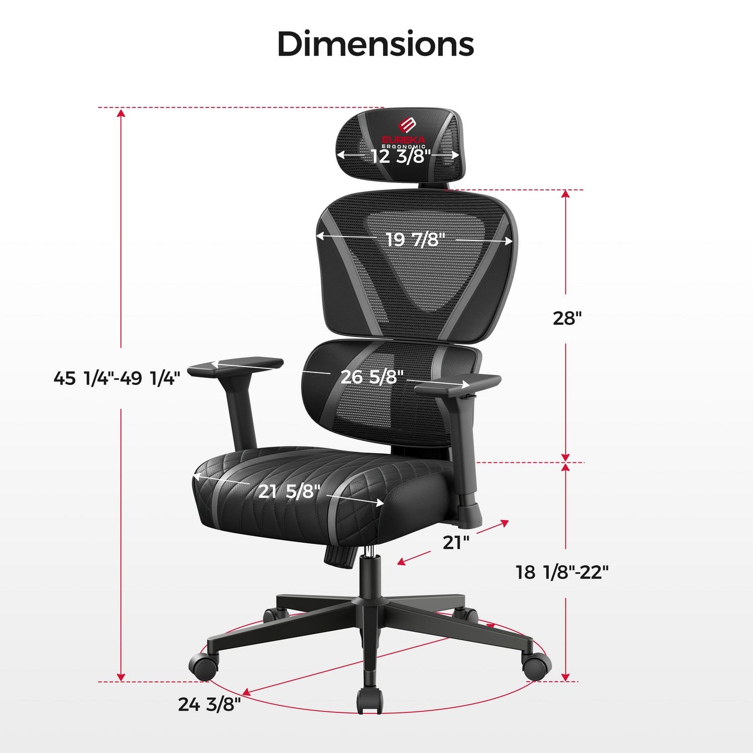 Эргономичное компьютерное кресло Eureka Norn, Серый - Размеры