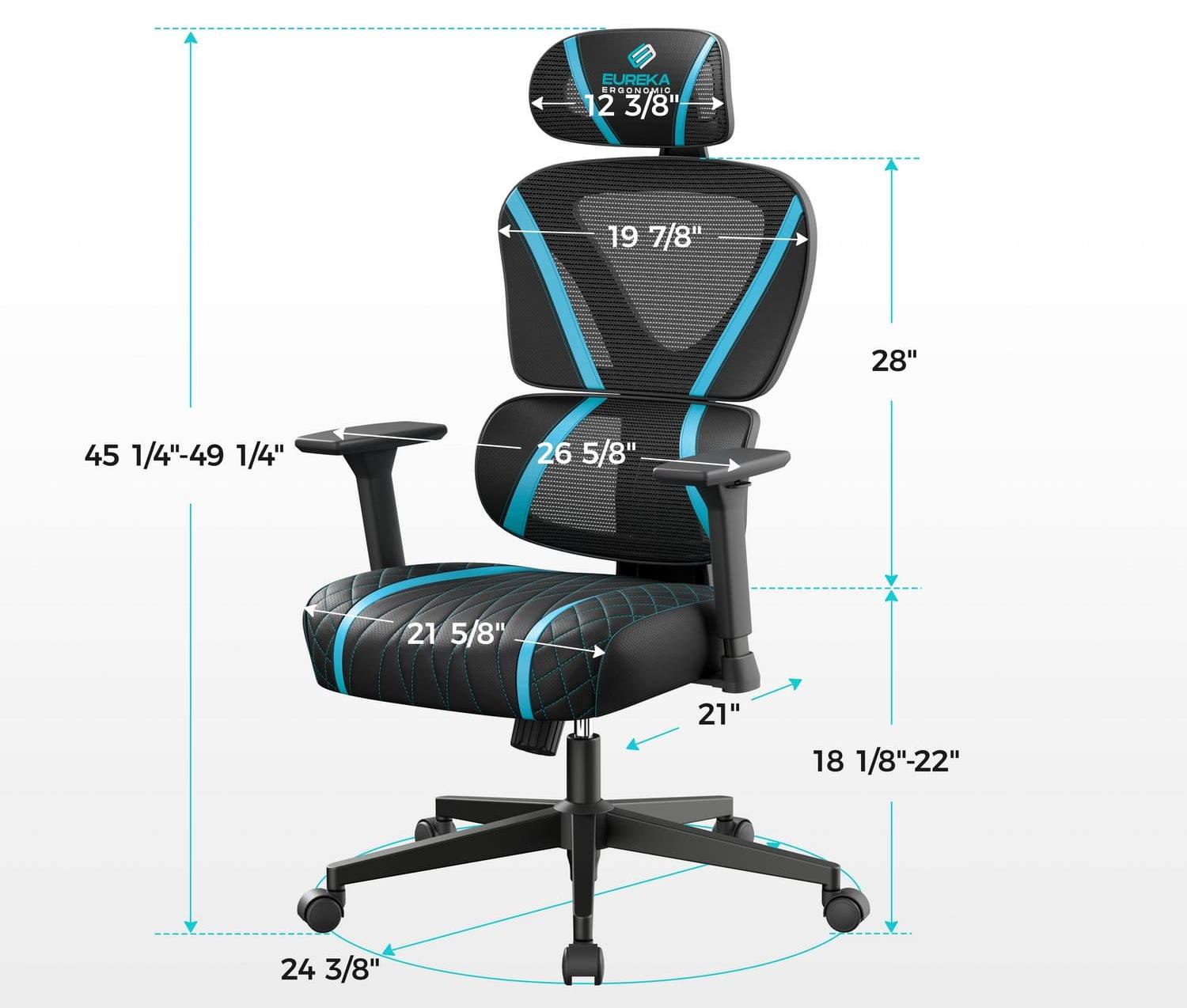 Эргономичное компьютерное кресло Eureka Norn, Синий - Размеры